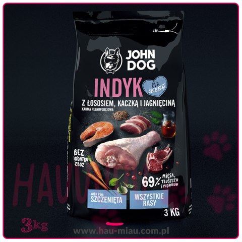 John Dog - INDYK Z ŁOSOSIEM, KACZKĄ I JAGNIĘCINĄ - 3 KG - dla Szczeniąt