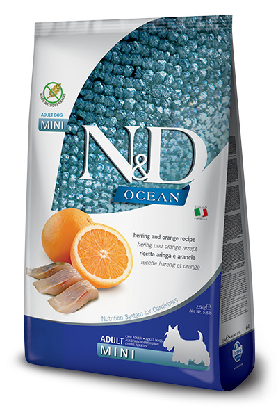 Farmina - N&D - Ocean Dog Adult Mini Herring & Orange - ŚLEDŹ Z POMARAŃCZĄ - 800g Farmina - N&D - Ocean Dog Adult Mini Herring & Orange - ŚLEDŹ Z POMARAŃCZĄ - 800g