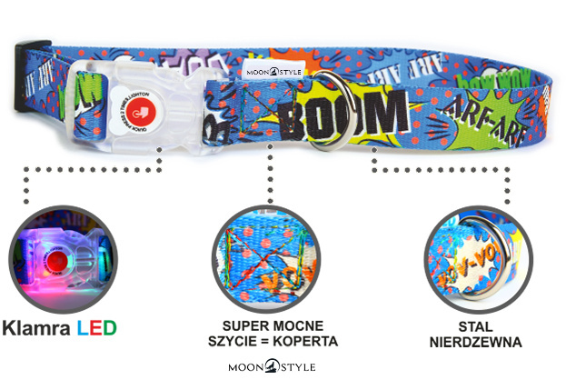 Moon Style - Obroża z klamrą LED - Graffiti Blue Moon - 20mm Moon Style - Obroża z klamrą LED - Graffiti Blue Moon - 20mm