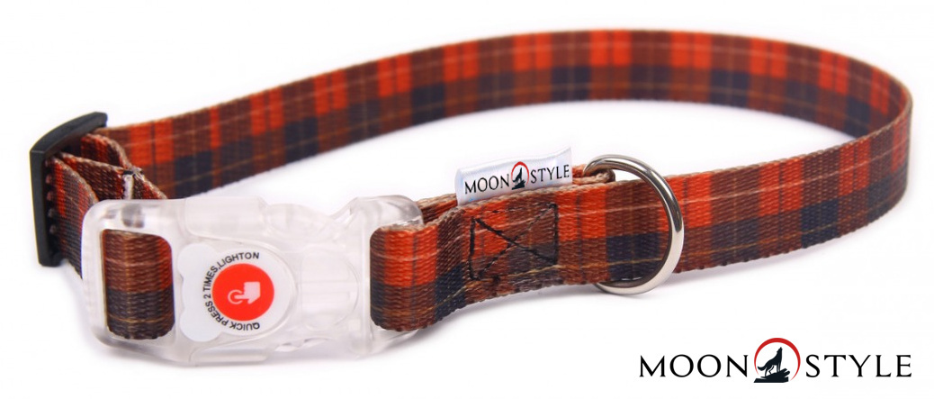 Moon Style - Obroża z klamrą LED - Szkocka krata - 25mm Moon Style - Obroża z klamrą LED - Szkocka krata - 25mm
