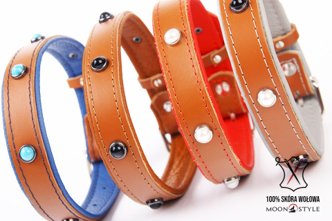 Moon Style - Skórzana obroża z kryształkami - PREMIUM SKÓRA - BRĄZOWO-BRĄZOWA - 14mm / 31cm Moon Style - Skórzana obroża z kryształkami - PREMIUM SKÓRA - BRĄZOWO-BRĄZOWA - 14mm / 31cm