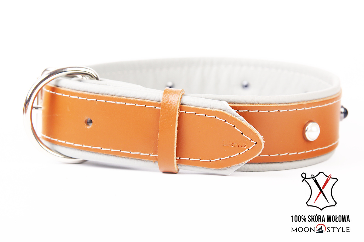 Moon Style - Skórzana obroża z kryształkami - PREMIUM SKÓRA - BRĄZOWO-SZARA - 20mm / 40cm Moon Style - Skórzana obroża z kryształkami - PREMIUM SKÓRA - BRĄZOWO-SZARA - 20mm / 40cm