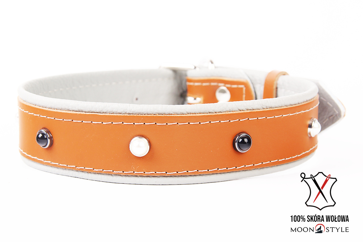 Moon Style - Skórzana obroża z kryształkami - PREMIUM SKÓRA - BRĄZOWO-SZARA - 24mm / 50cm Moon Style - Skórzana obroża z kryształkami - PREMIUM SKÓRA - BRĄZOWO-SZARA - 24mm / 50cm