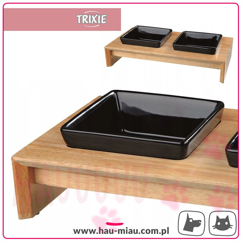 Trixie - Podwójna miska ceramiczna w drewnianym stojaczku - 2x400 ml Trixie - Podwójna miska ceramiczna w drewnianym stojaczku - 2x400 ml