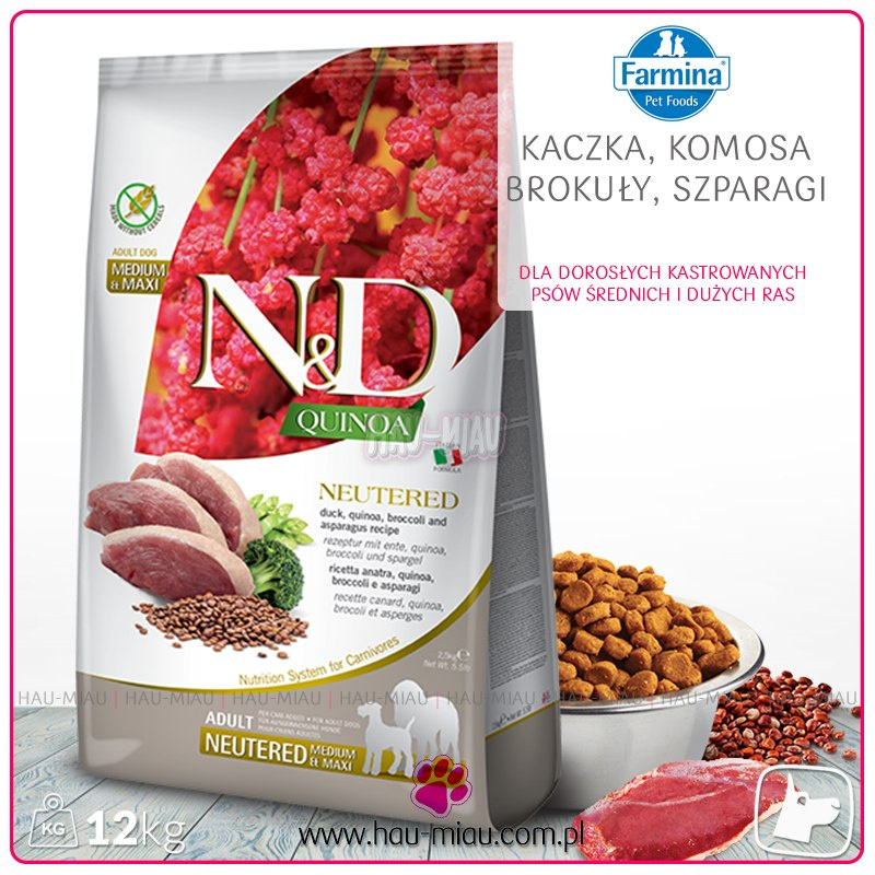 Farmina - N&D - QUINOA Neutered Adult Medium Maxi - KACZKA & KOMOSA & BROKUŁY & SZPARAGI - 12 KG