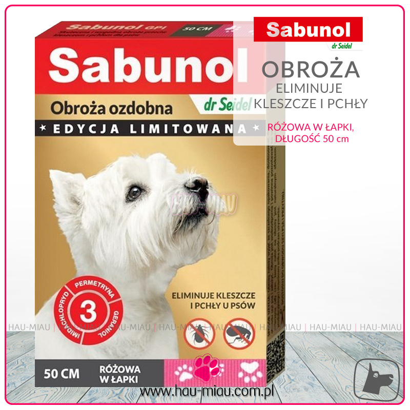 Dr Seidel - Sabunol - Obroża dla psów na kleszcze i pchły - Różowa w białe łapki - 50 cm
