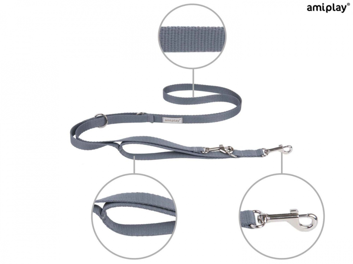 AmiPlay - Smycz regulowana 7w1 - SAMBA - SZARA - L - 100-200 x 2,5cm AmiPlay - Smycz regulowana 7w1 - SAMBA - SZARA - L - 100-200 x 2,5cm